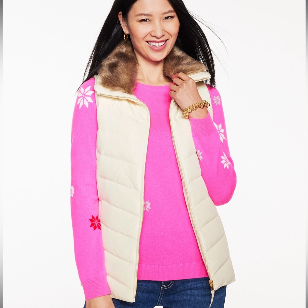 Talbots Ivory Faux Fur Collar Down Puffer Vest